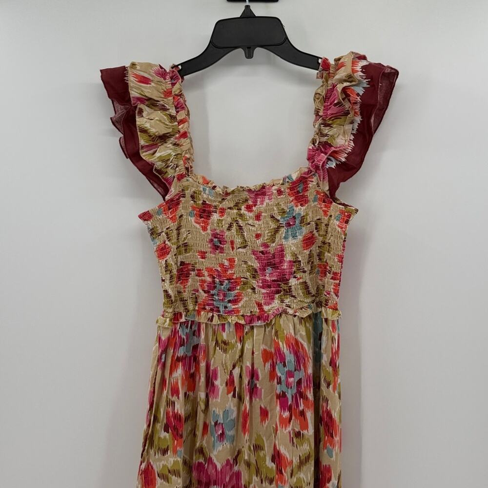 House of Harlow 1960 Zoey Khaki Floral Print Smocked Maxi Dress - Tan/Pink - S - Picture 8 of 9